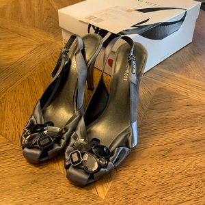 Nine West Gray Satin Heels with Jewels and Toe Cutouts and Ankle Strap Size 7.5
